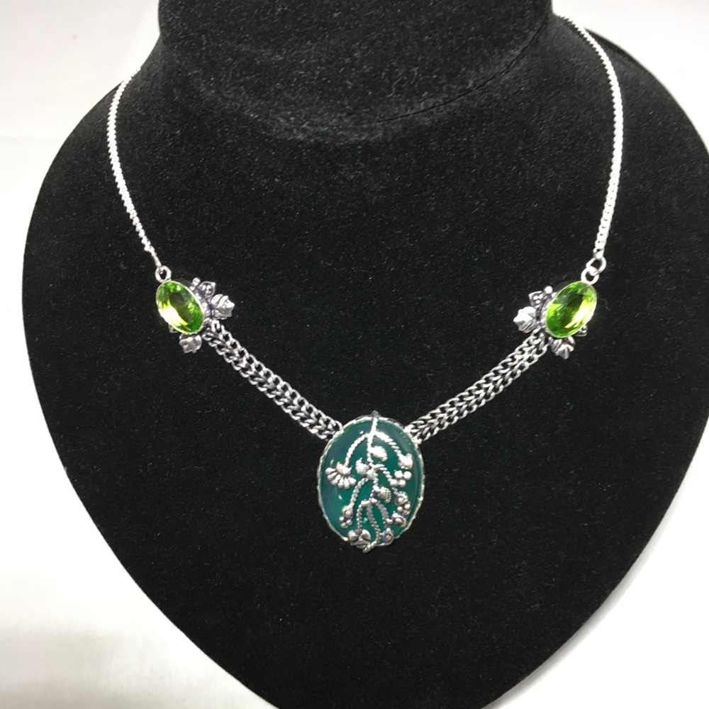 Green Onyx and Peridot Silver Necklace